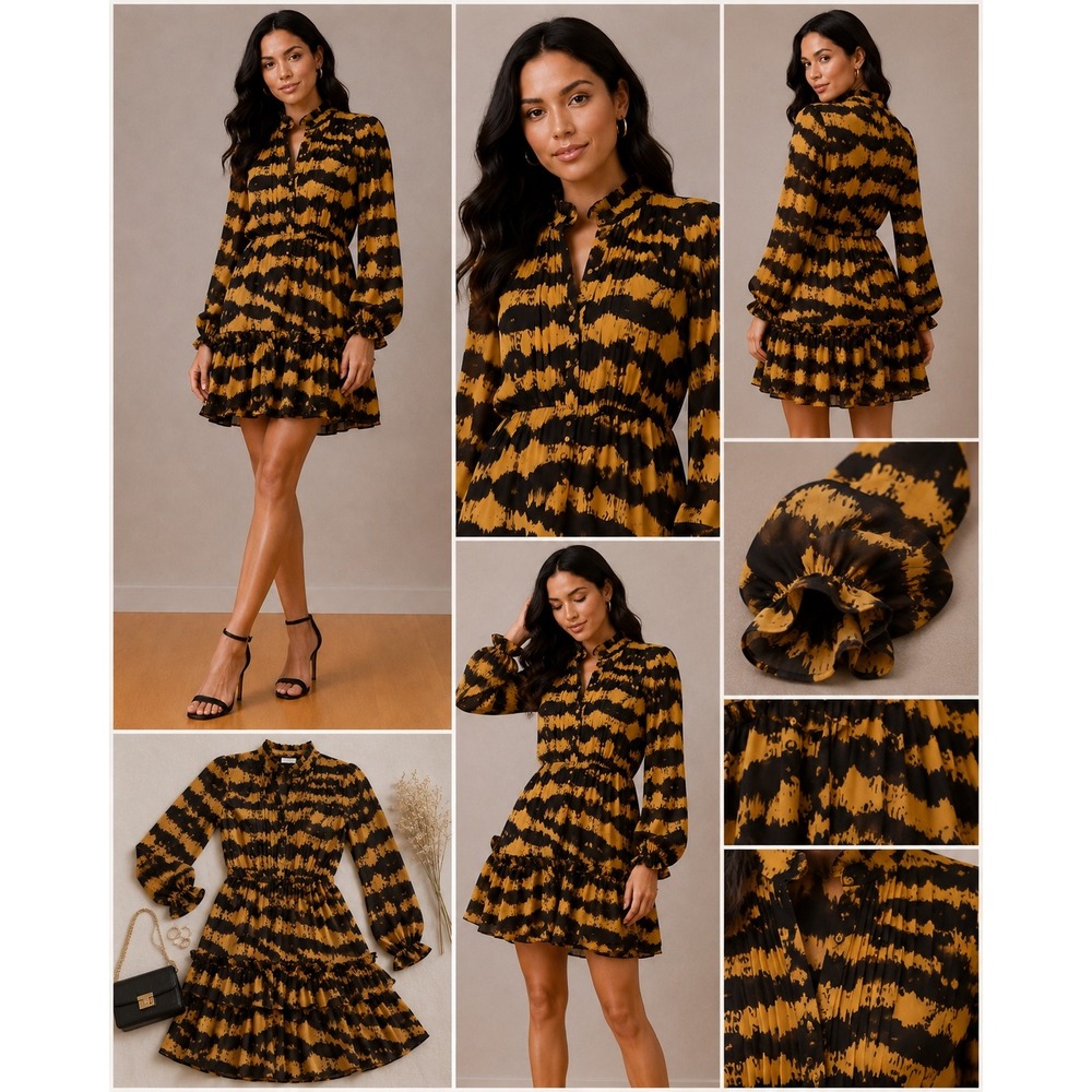 Buddy Love Grace Mini Dress Mustard Brown Tiger Print Ruffle Long Sleeve Medium‎
